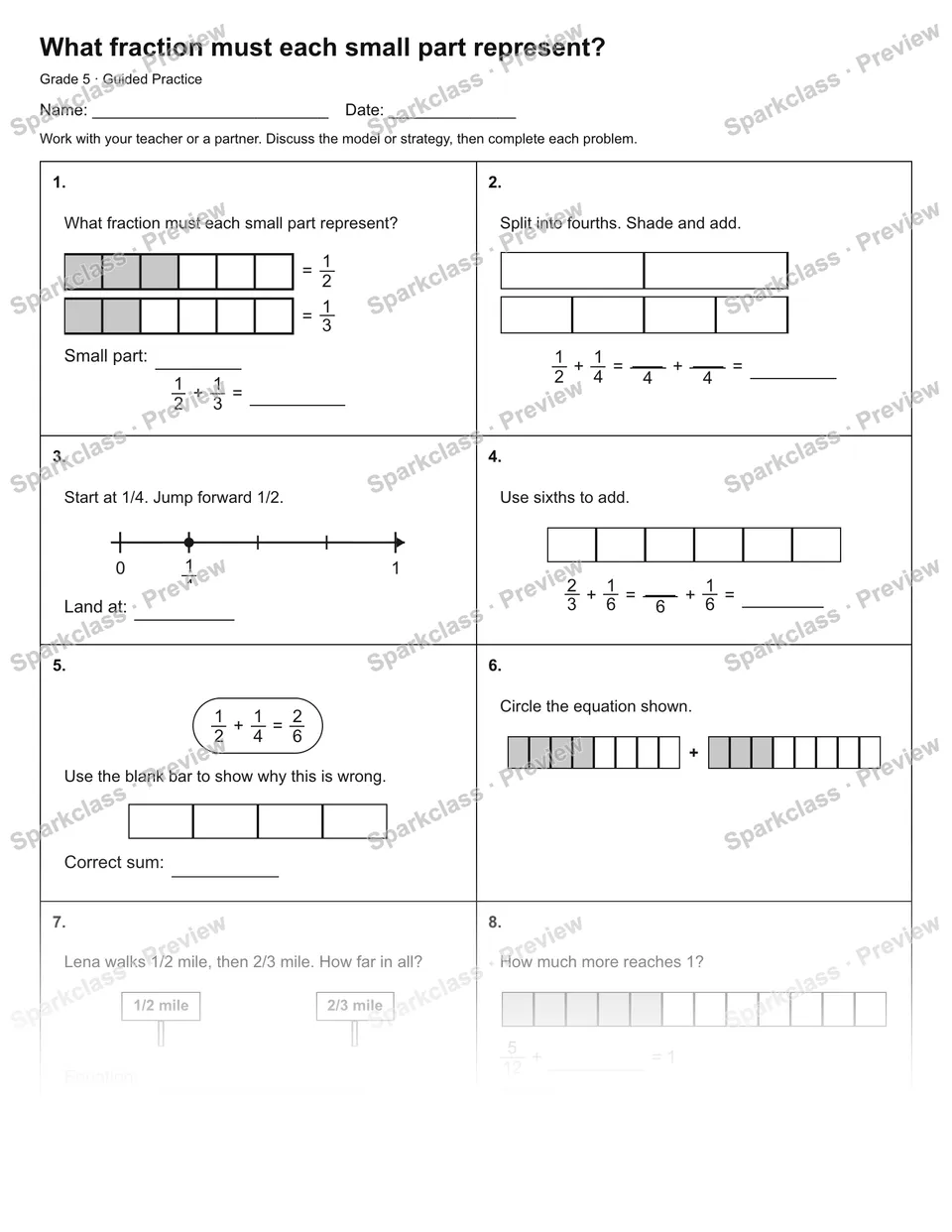 What fraction must each small part represent? — Guided Practice — Grade 5 worksheet preview