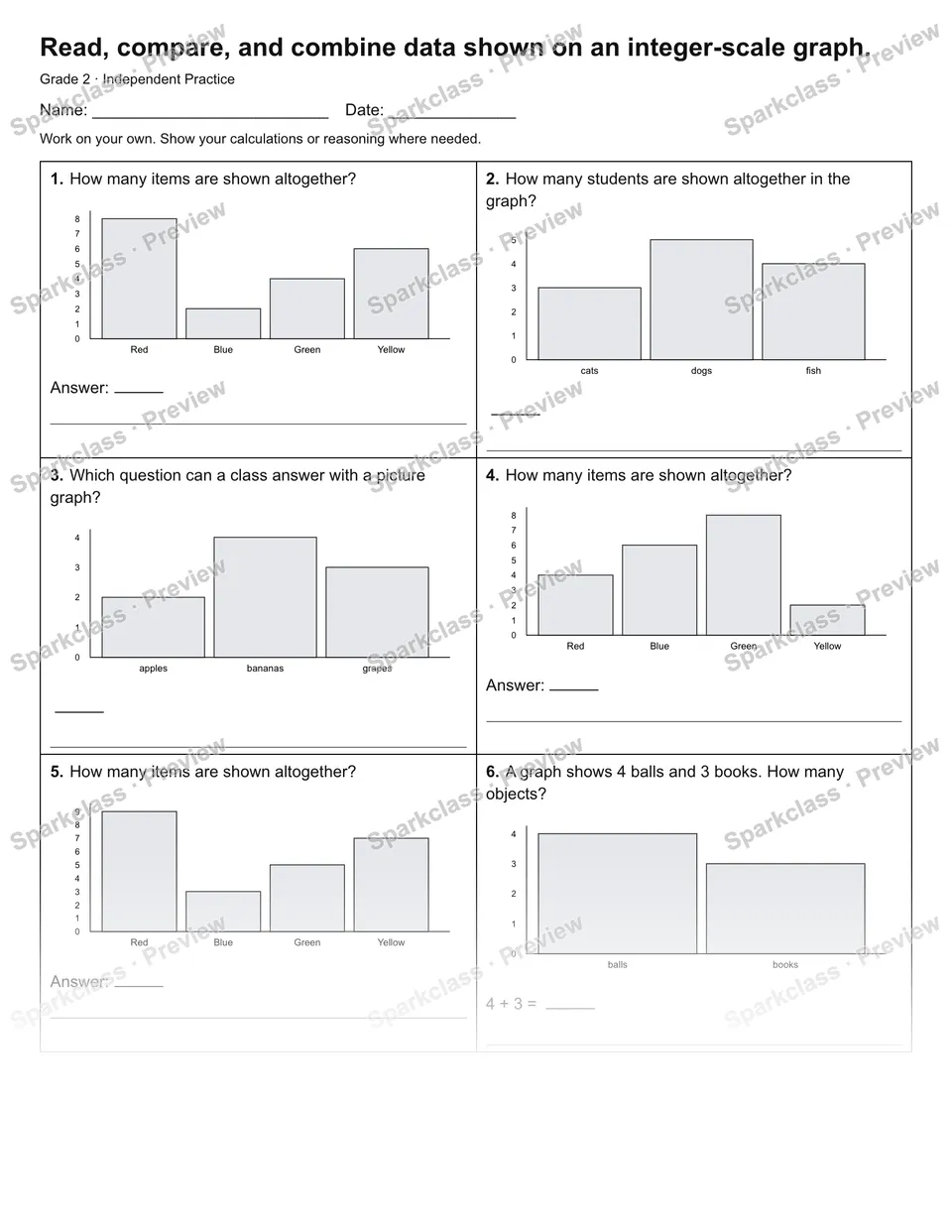 Read, compare, and combine data shown on an integer-scale graph. — Independent Practice — Grade 2 worksheet preview
