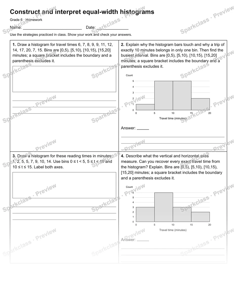Construct and interpret equal-width histograms — Homework — Grade 6 worksheet preview