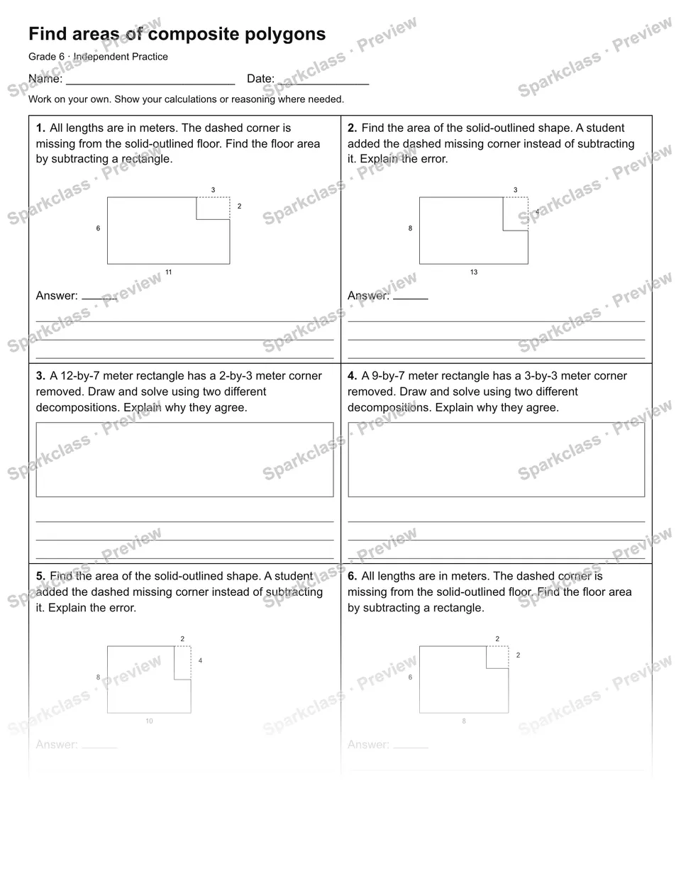 Find areas of composite polygons — Independent Practice — Grade 6 worksheet preview
