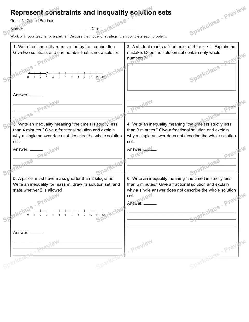 Represent constraints and inequality solution sets — Guided Practice — Grade 6 worksheet preview