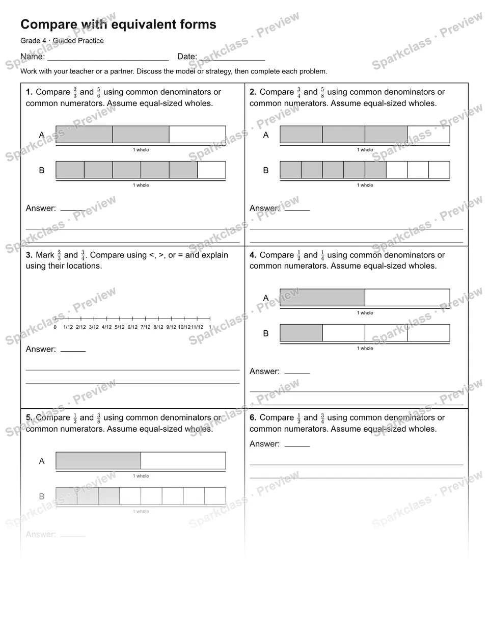 Compare with equivalent forms — Guided Practice — Grade 4 worksheet preview