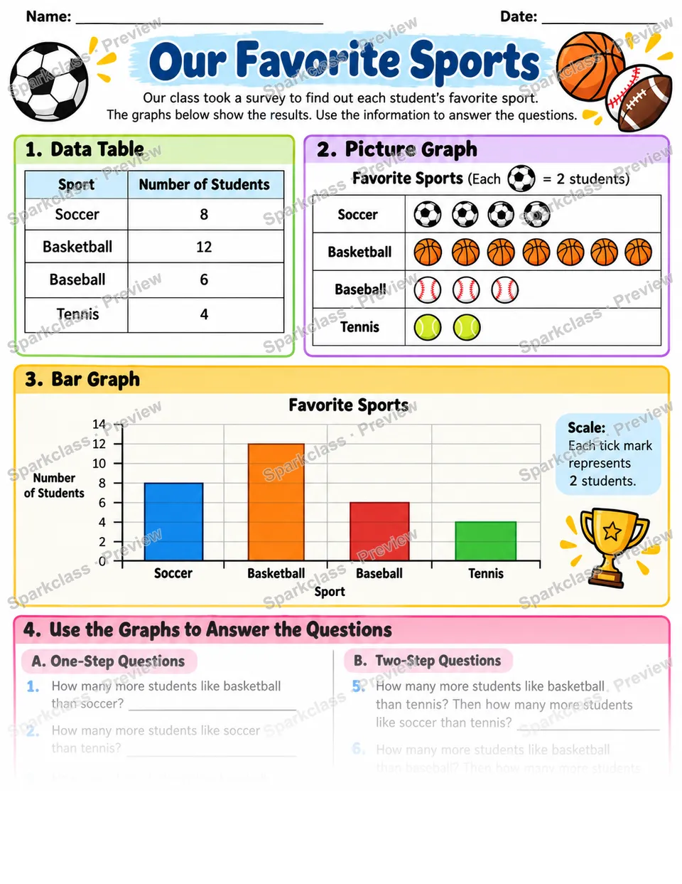 Sports Survey · Scaled Graphs — Grade 3 worksheet preview