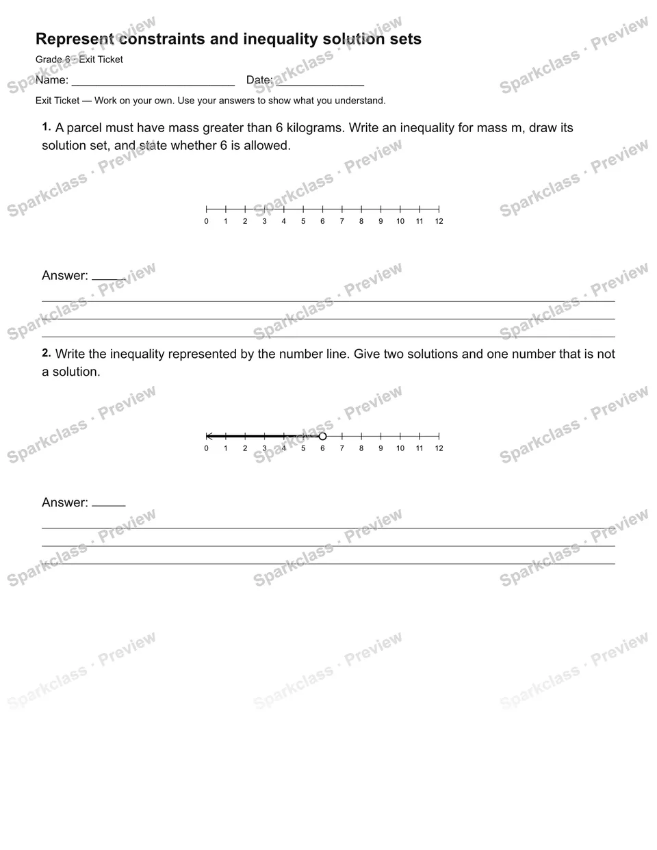 Represent constraints and inequality solution sets — Exit Ticket — page 2