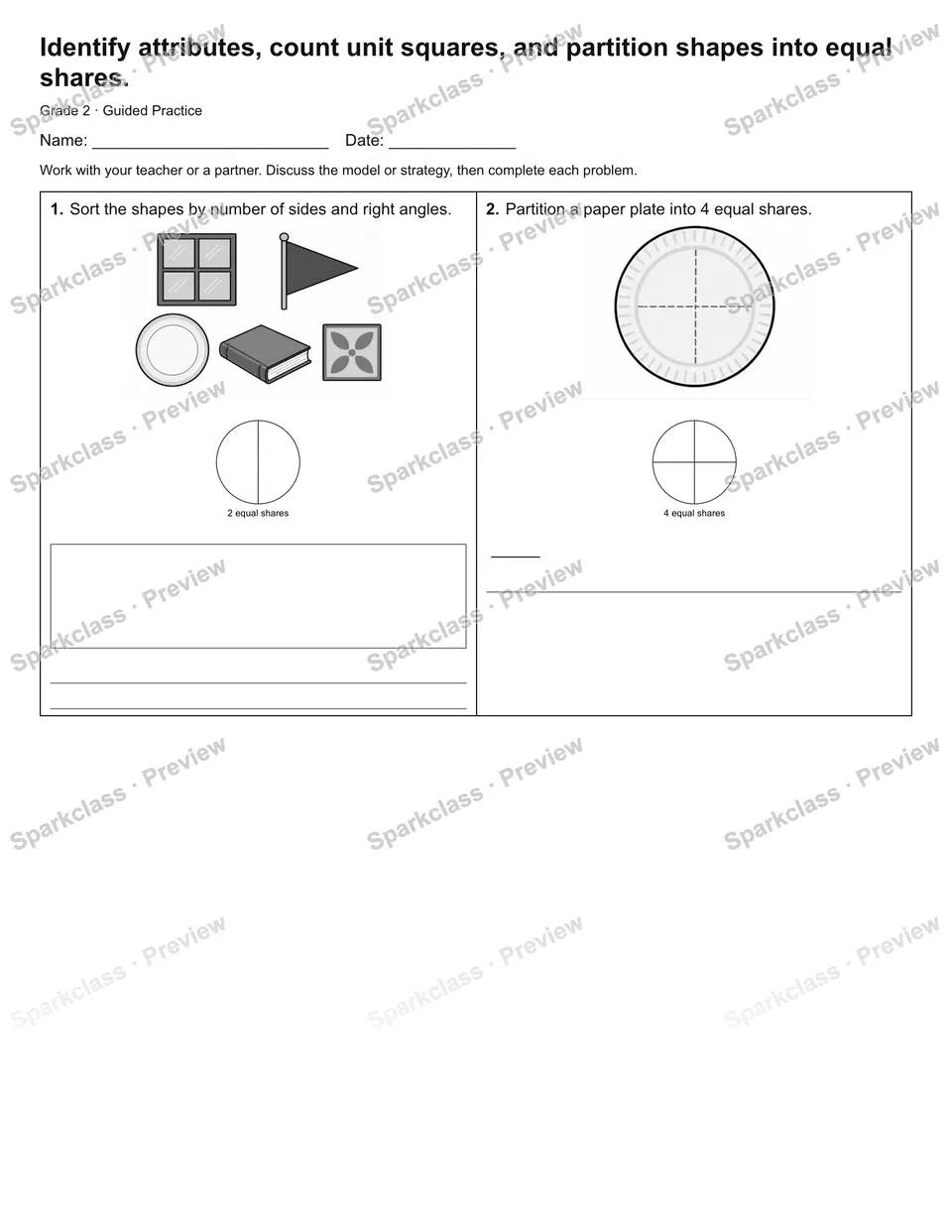 Identify attributes, count unit squares, and partition shapes into equal shares. — Guided Practice — Grade 2 worksheet preview