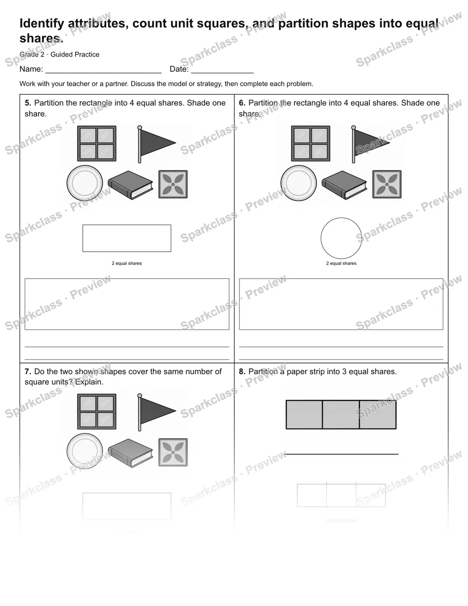 Identify attributes, count unit squares, and partition shapes into equal shares. — Guided Practice — page 3