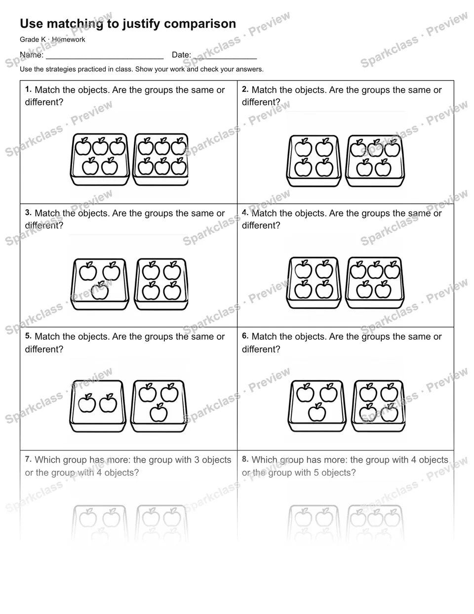 Use matching to justify comparison — Homework — Kindergarten worksheet preview