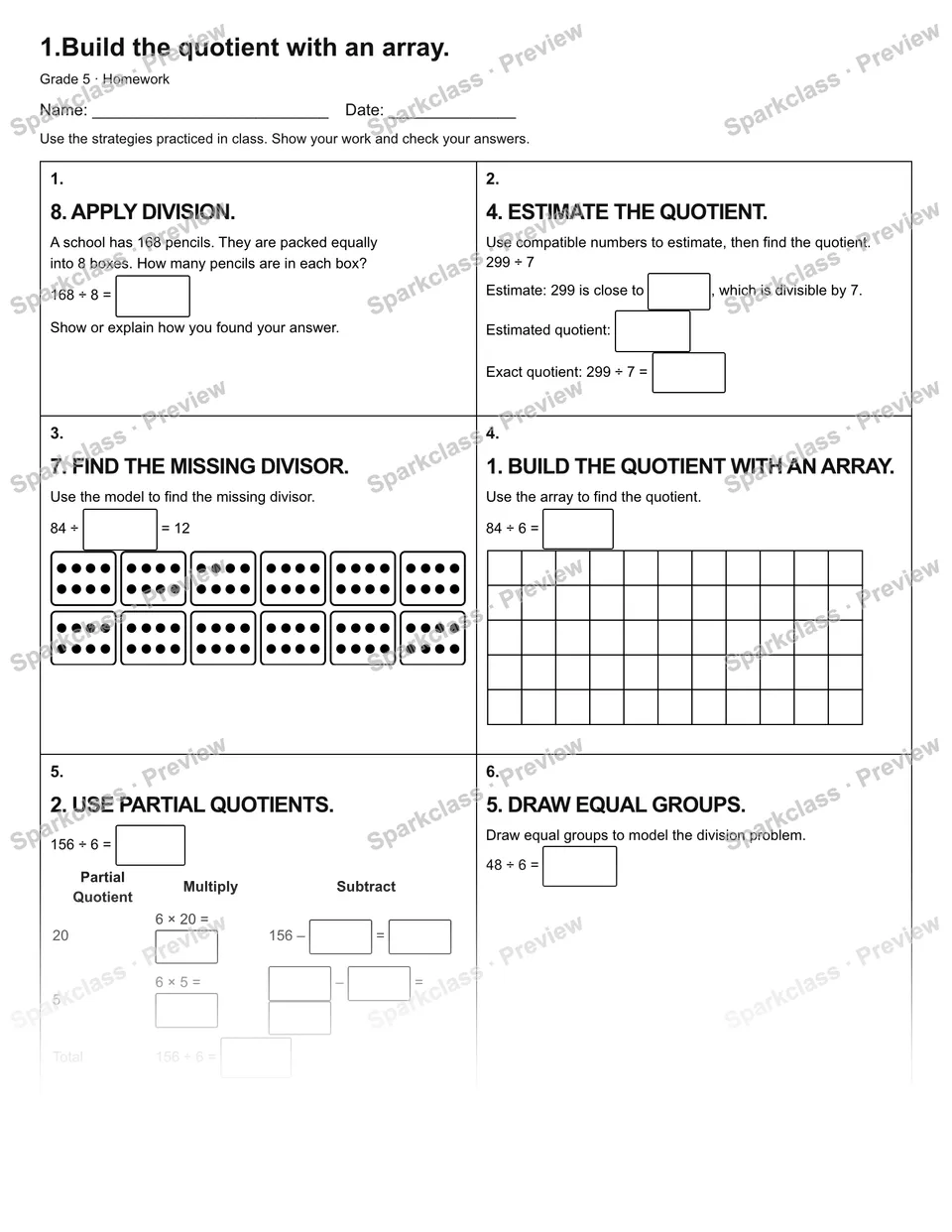 1.Build the quotient with an array. — Homework — Grade 5 worksheet preview