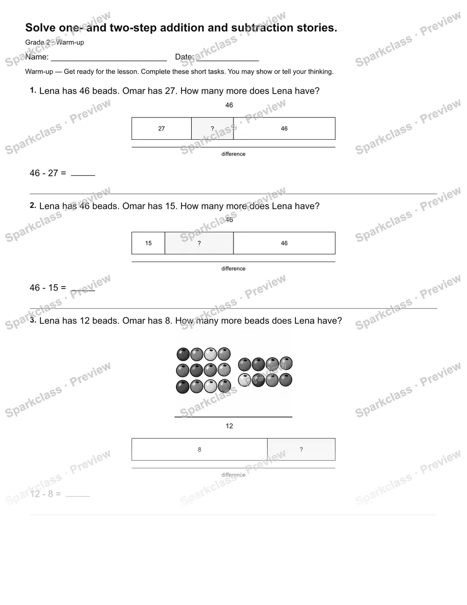 Solve one- and two-step addition and subtraction stories. — Warm-up — page 2