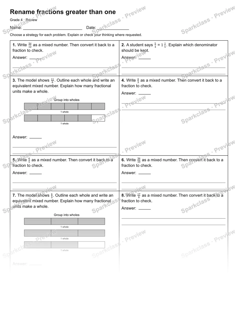 Rename fractions greater than one — Review — Grade 4 worksheet preview