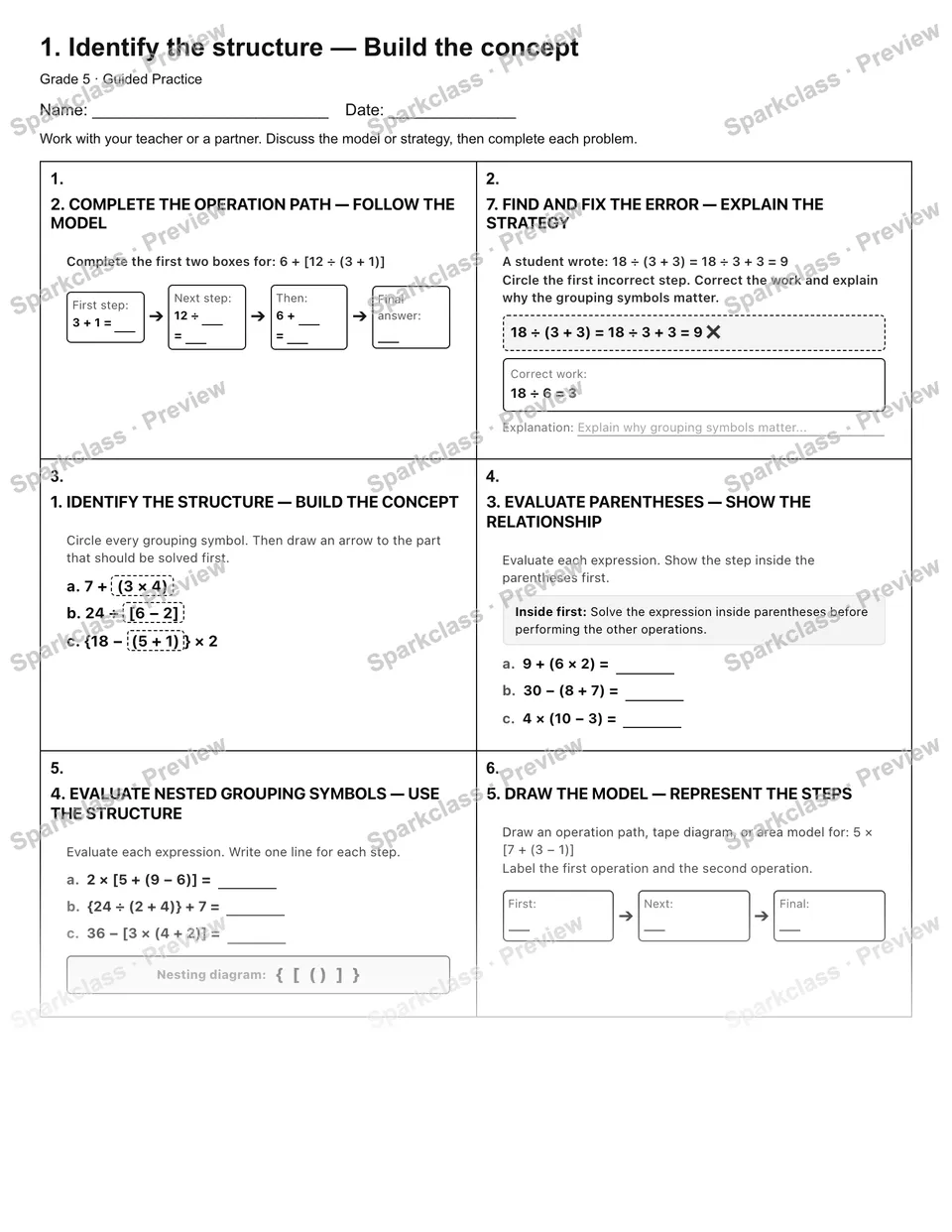 1. Identify the structure — Build the concept — Guided Practice — Grade 5 worksheet preview