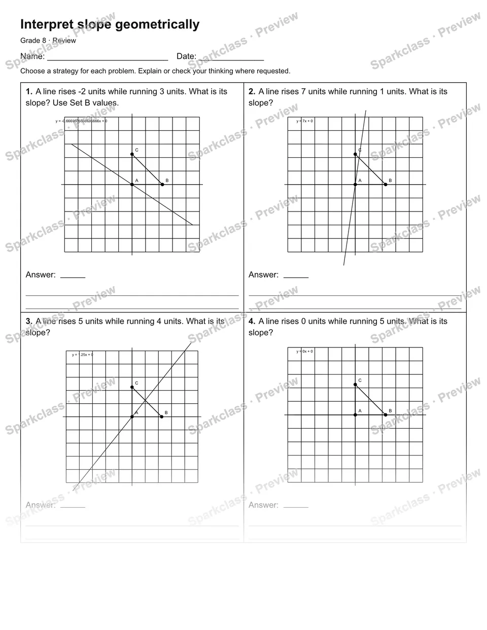 Interpret slope geometrically — Review — Grade 8 worksheet preview