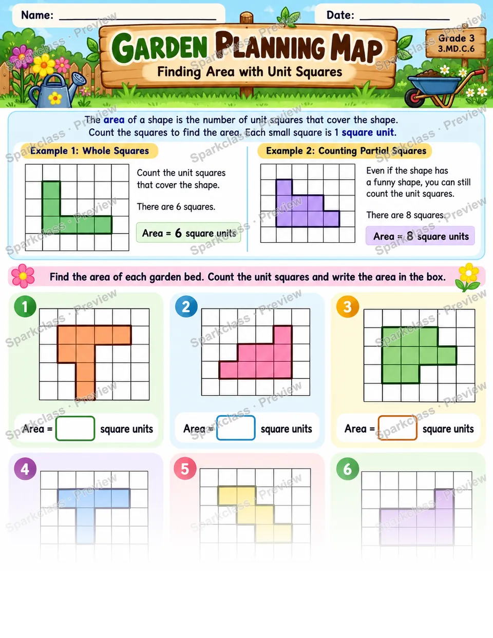 Count Unit Squares · Garden — Grade 3 worksheet preview