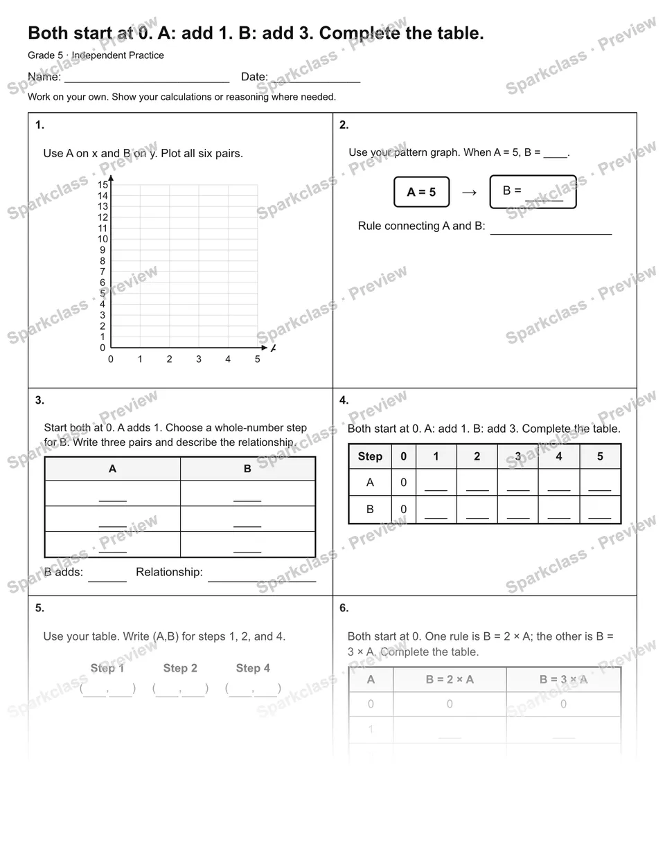Both start at 0. A: add 1. B: add 3. Complete the table. — Independent Practice — Grade 5 worksheet preview
