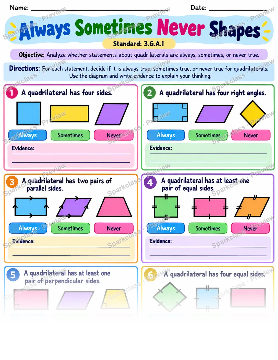Always Sometimes Never Shapes — Grade 3 worksheet preview