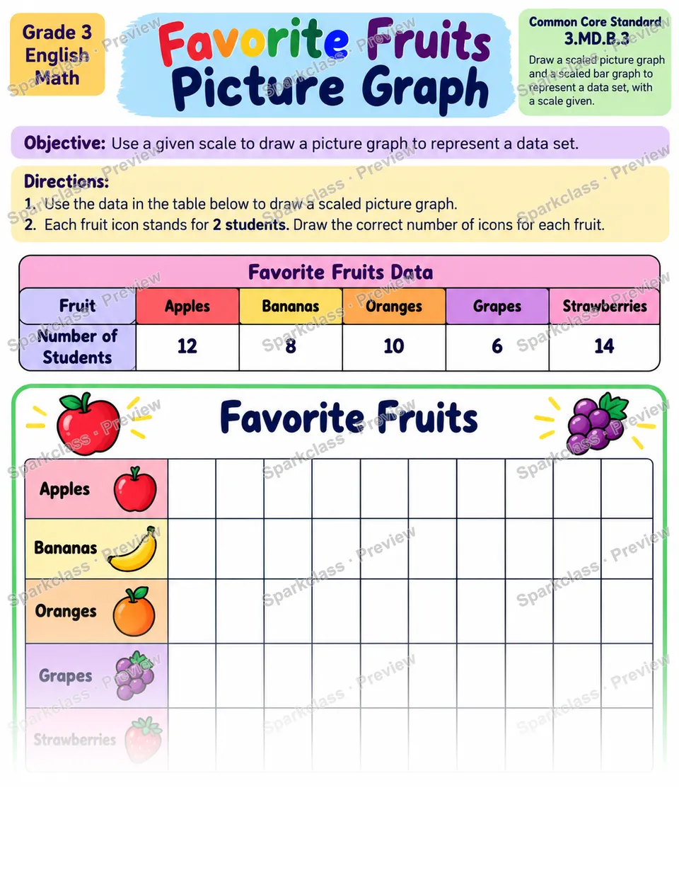 Draw Scaled Picture Graph 01 — Grade 3 worksheet preview