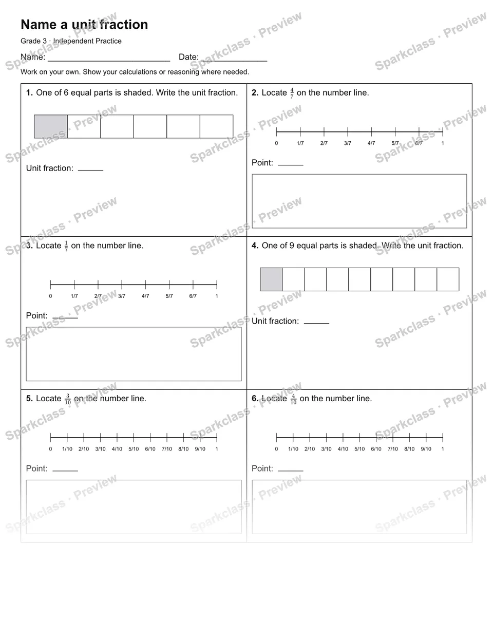 Name a unit fraction — Independent Practice — Grade 3 worksheet preview