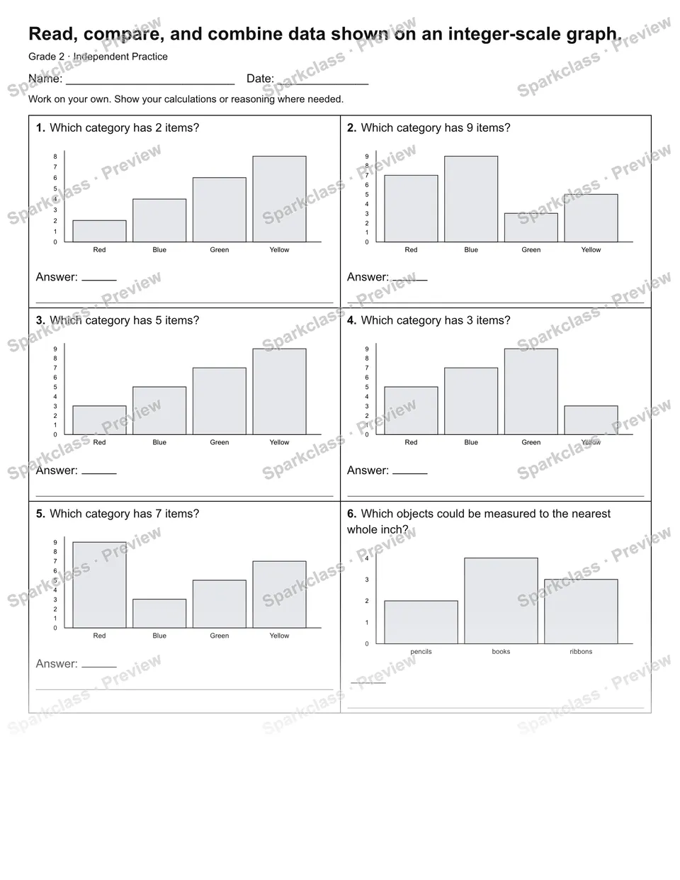 Read, compare, and combine data shown on an integer-scale graph. — Independent Practice — Grade 2 worksheet preview