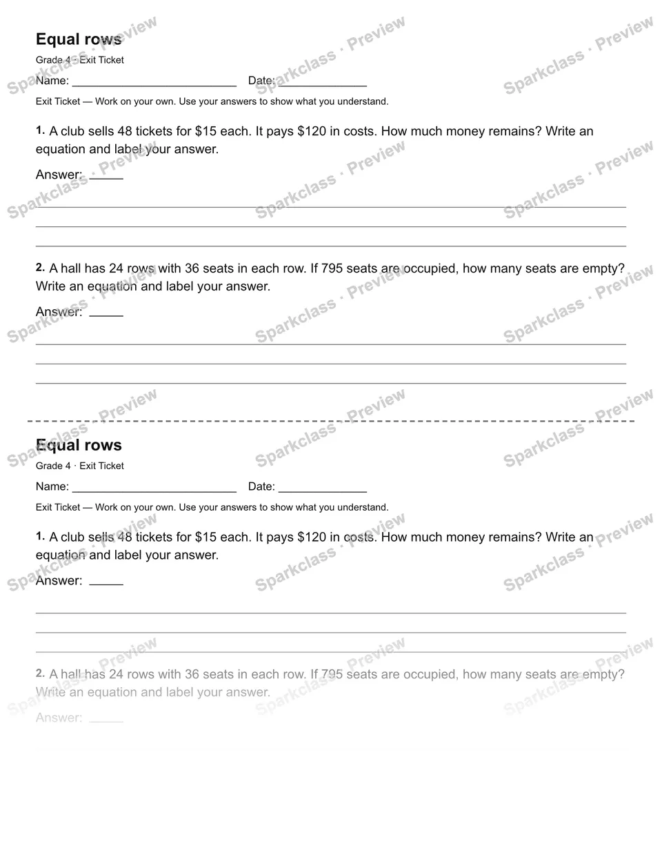 Equal rows — Exit Ticket — Grade 4 worksheet preview