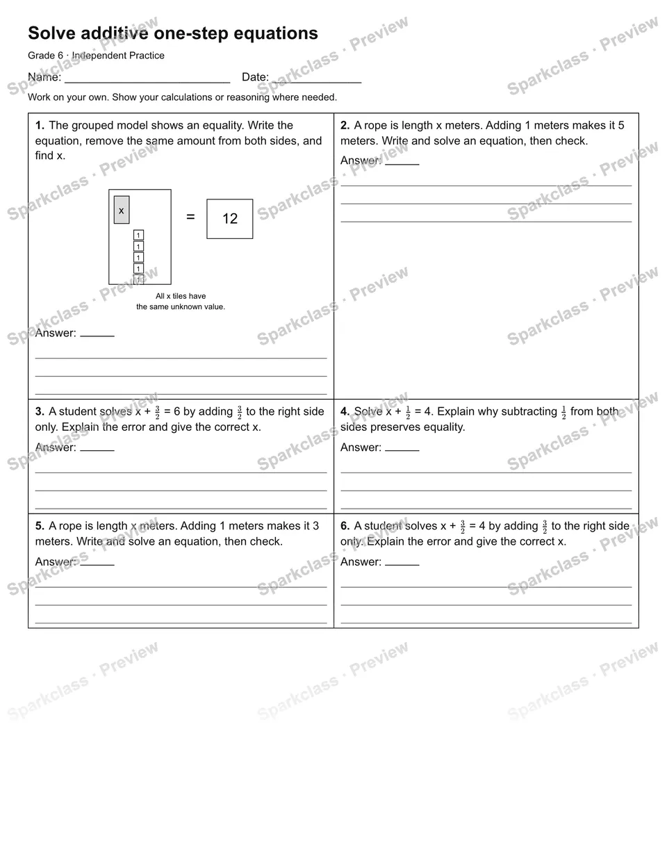 Solve additive one-step equations — Independent Practice — Grade 6 worksheet preview