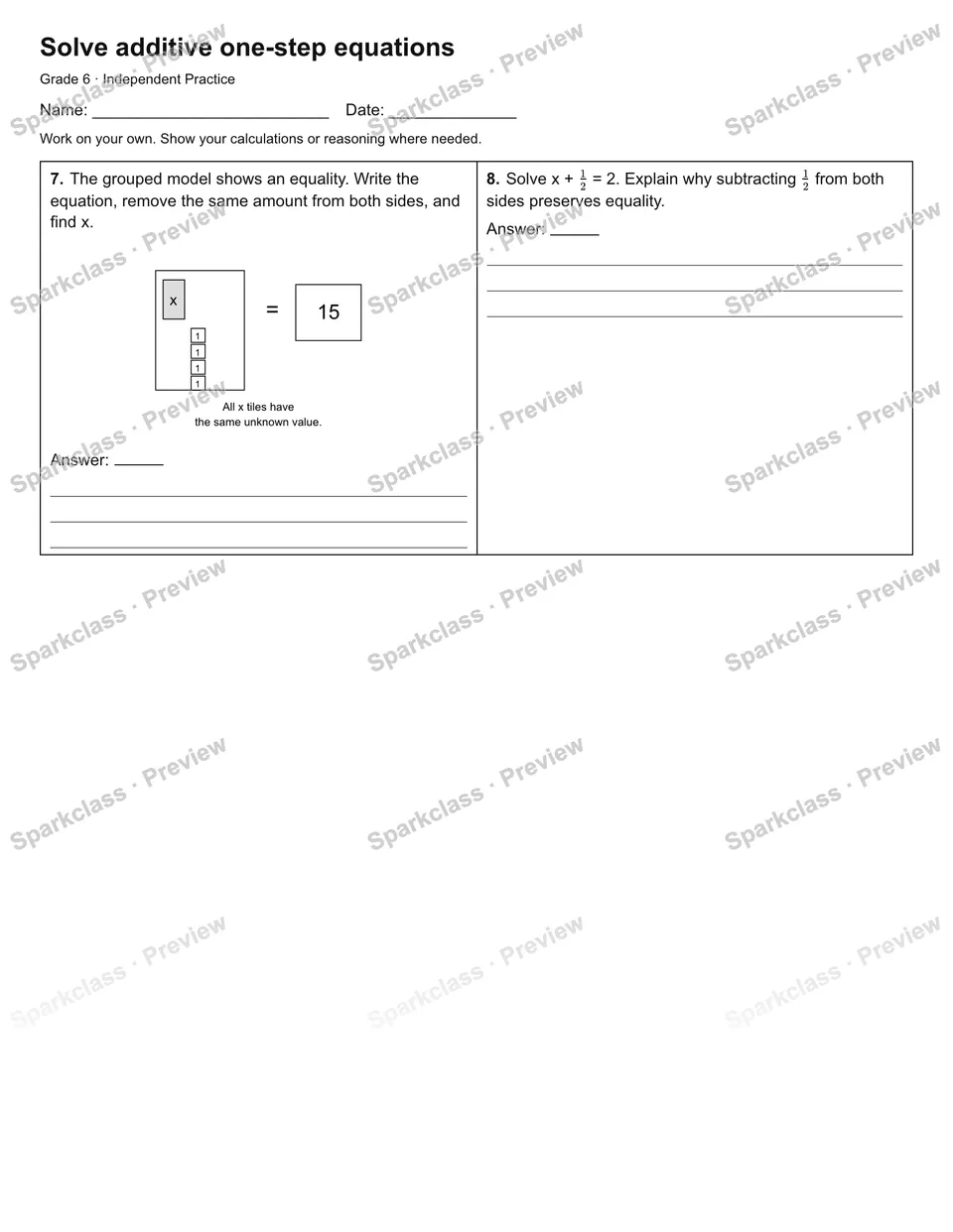 Solve additive one-step equations — Independent Practice — page 2