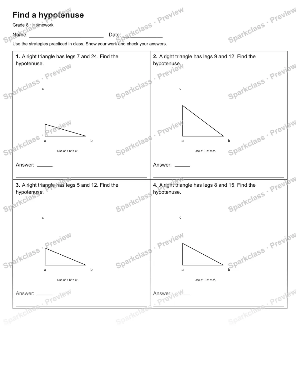 Find a hypotenuse — Homework — Grade 8 worksheet preview