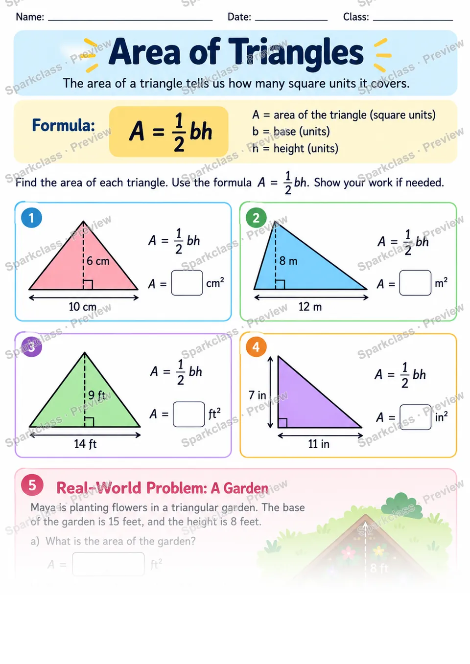 Area Triangles — Grade 6 worksheet preview