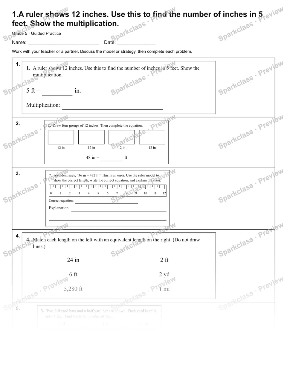 1.A ruler shows 12 inches. Use this to find the number of inches in 5 feet. Show the multiplication. — Guided Practice — Grade 5 worksheet preview
