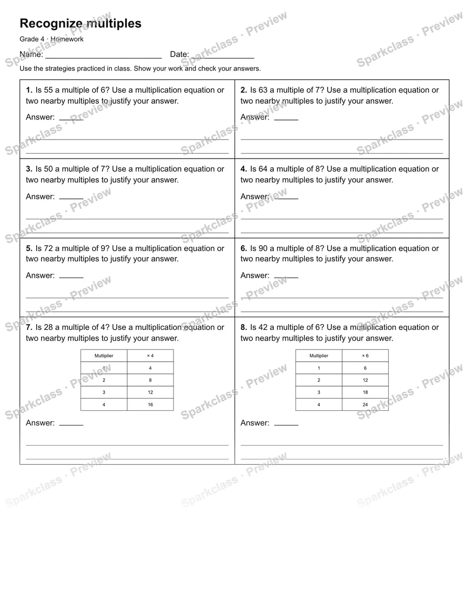 Recognize multiples — Homework — Grade 4 worksheet preview