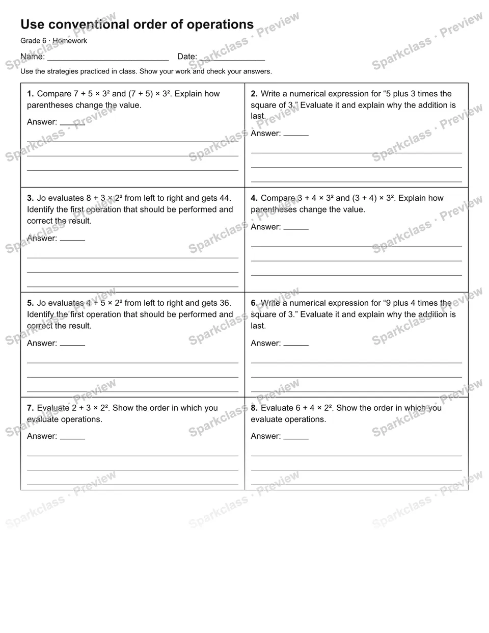 Use conventional order of operations — Homework — Grade 6 worksheet preview