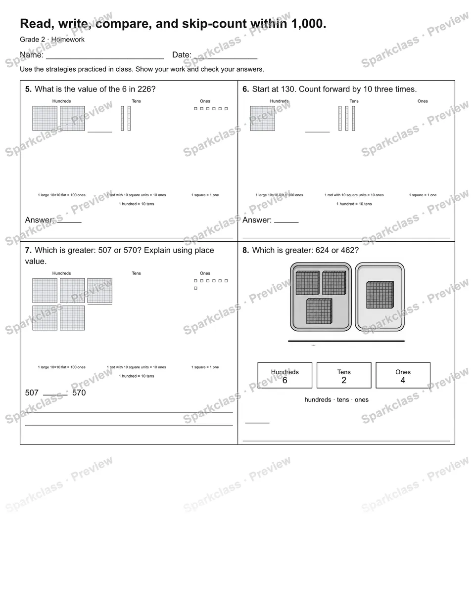 Read, write, compare, and skip-count within 1,000. — Homework — page 2