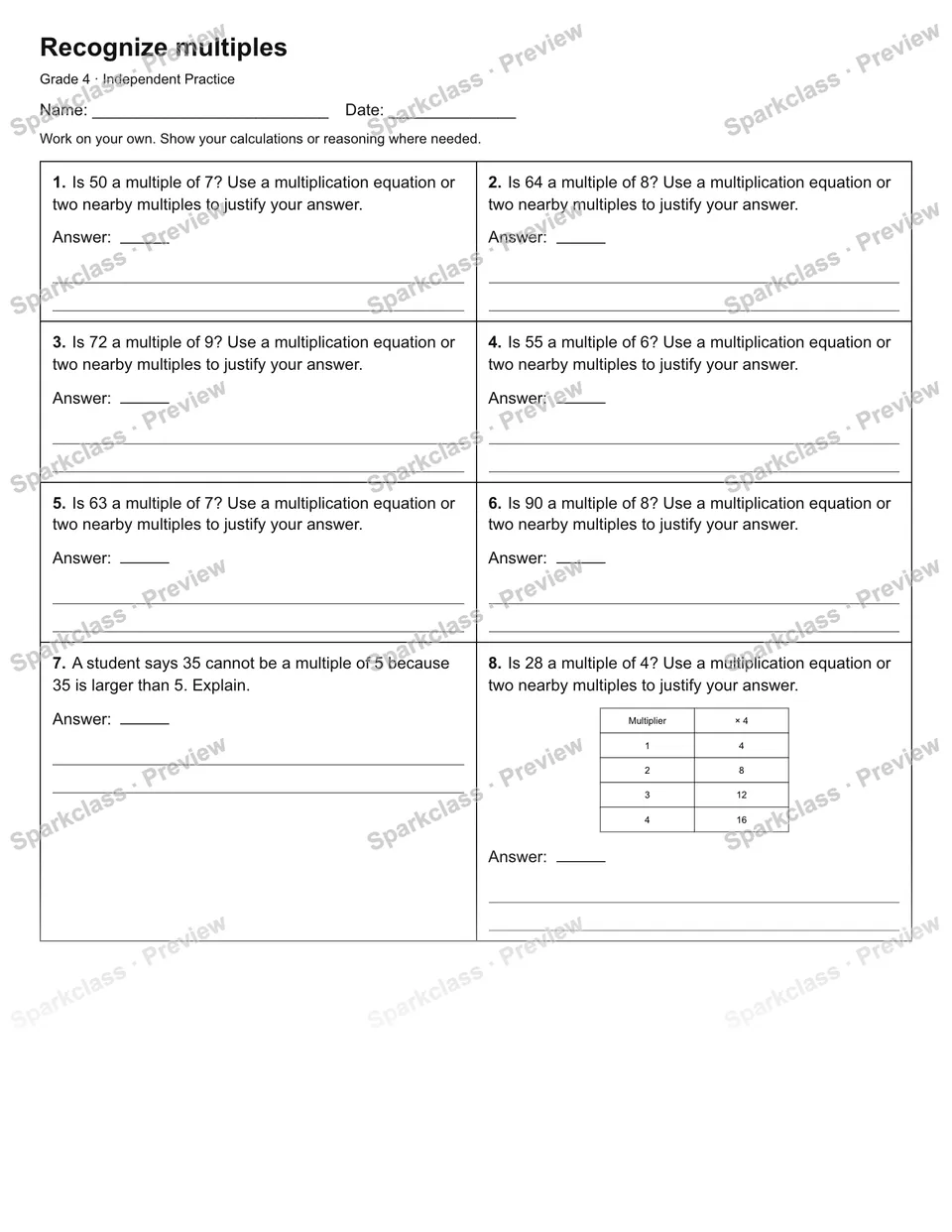Recognize multiples — Independent Practice — Grade 4 worksheet preview