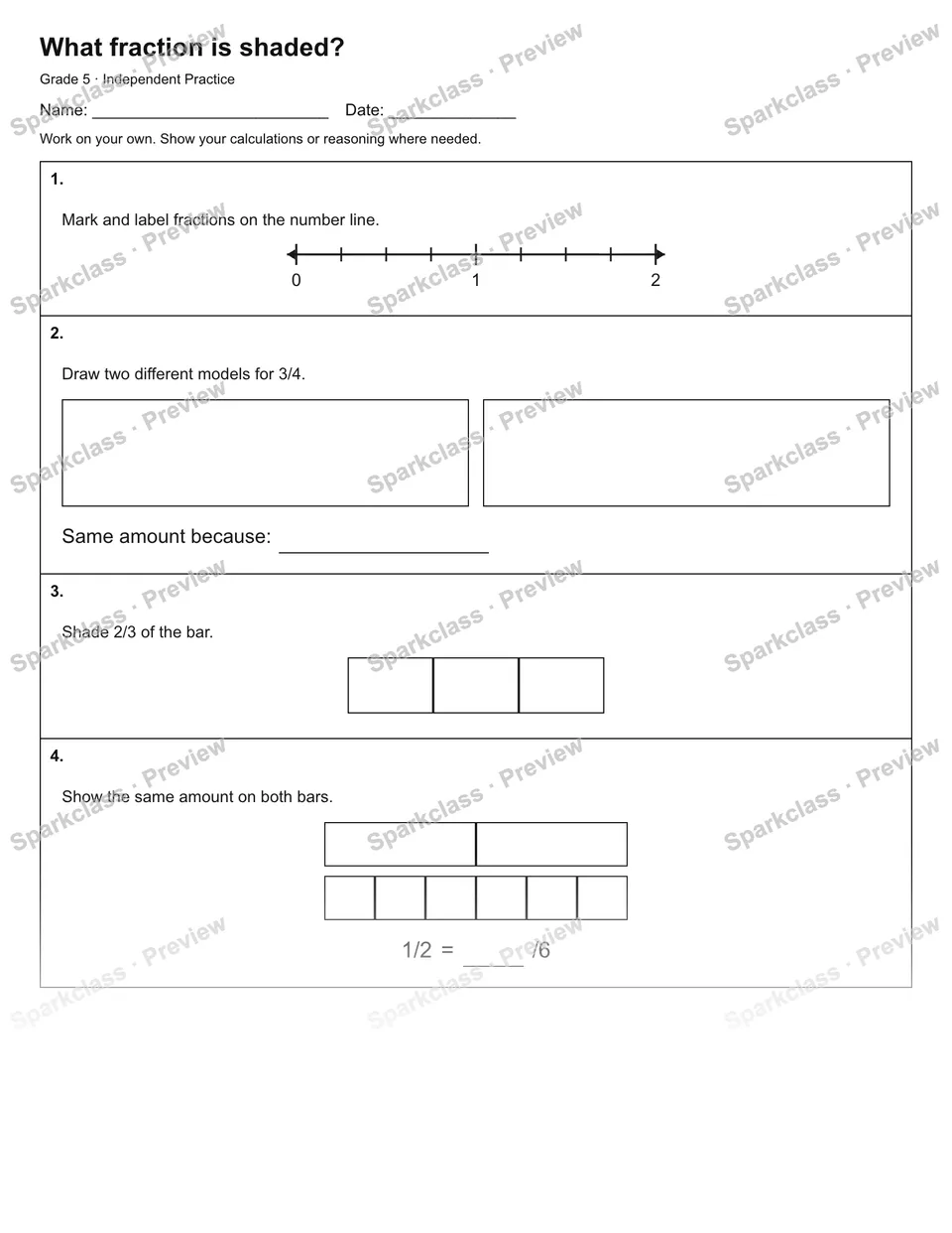 What fraction is shaded? — Independent Practice — Grade 5 worksheet preview