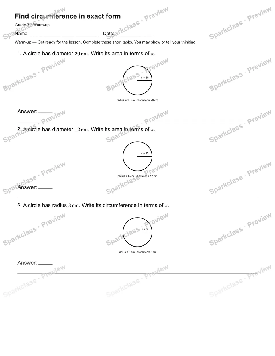 Find circumference in exact form — Warm-up — Grade 7 worksheet preview