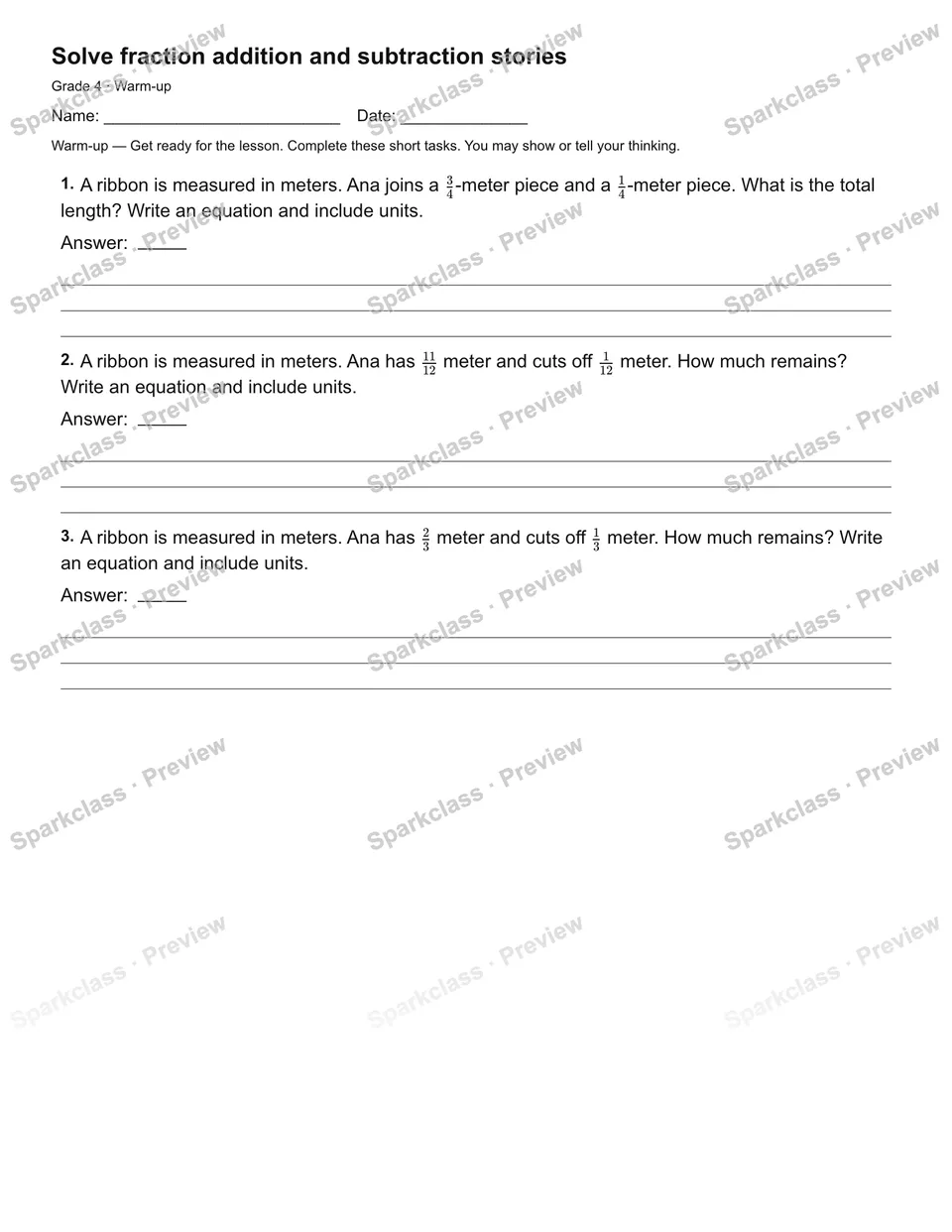 Solve fraction addition and subtraction stories — Warm-up — page 2