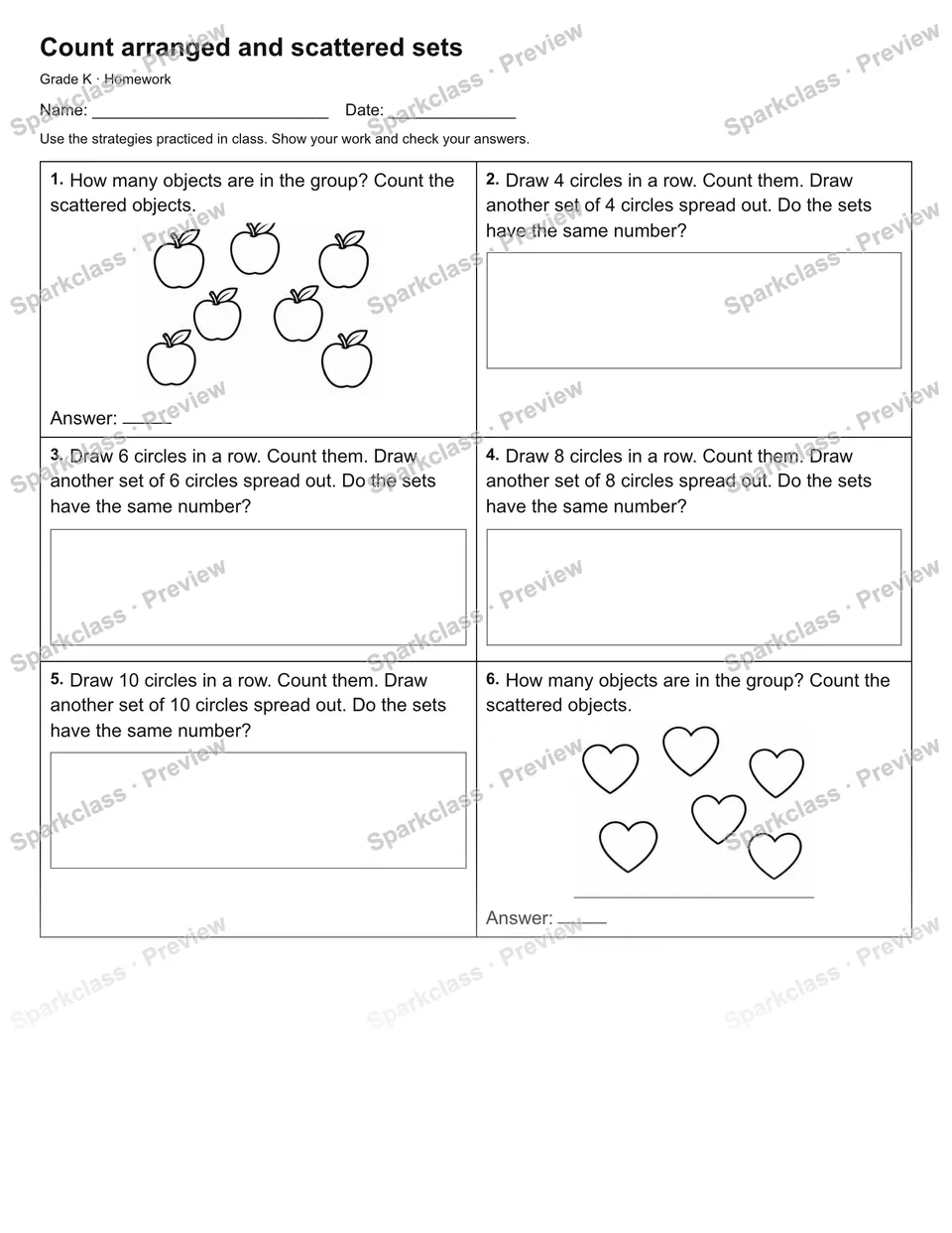 Count arranged and scattered sets — Homework — Kindergarten worksheet preview