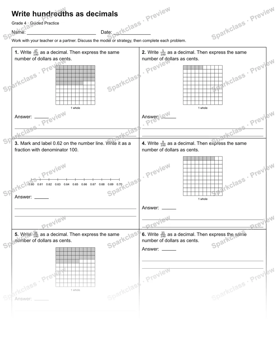 Write hundredths as decimals — Guided Practice — Grade 4 worksheet preview