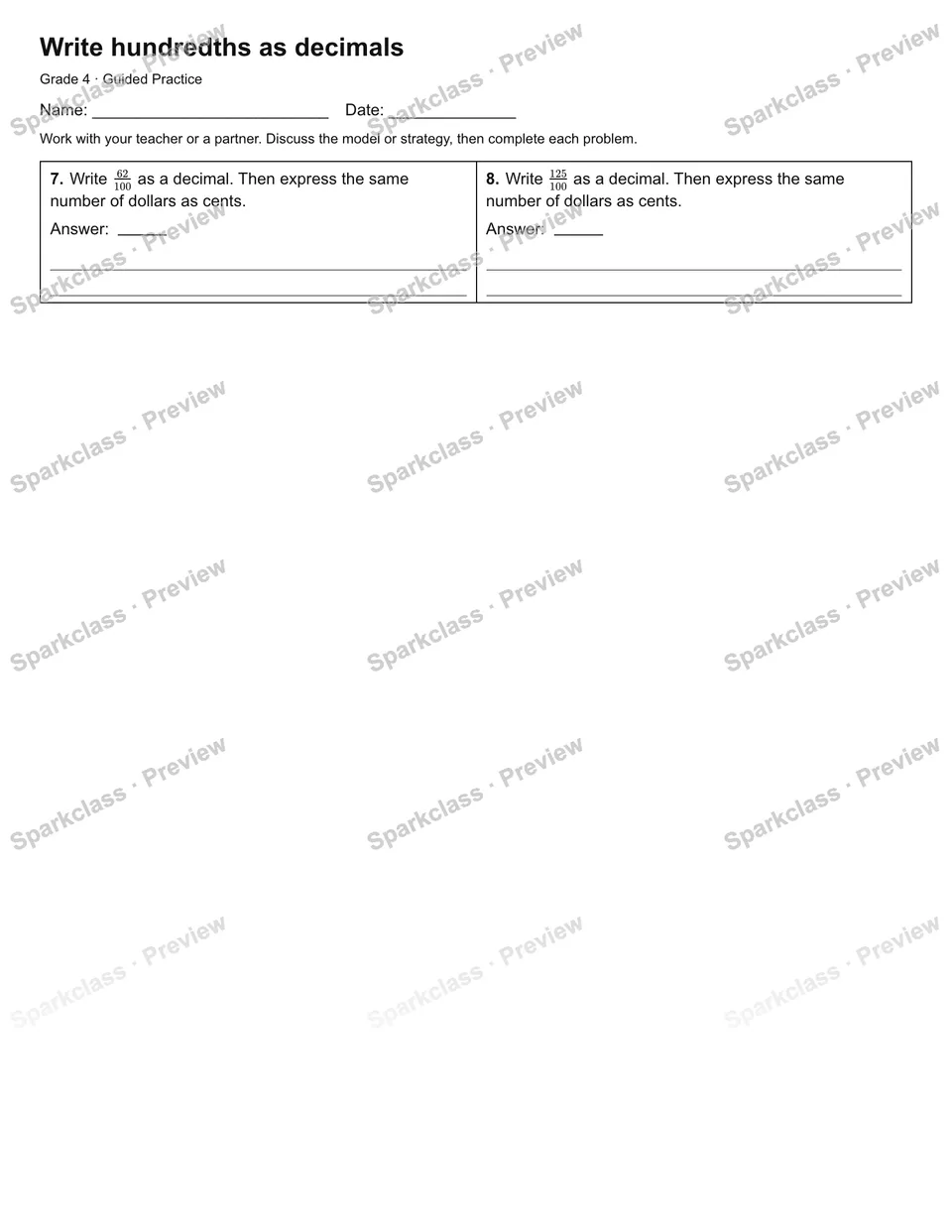 Write hundredths as decimals — Guided Practice — page 2