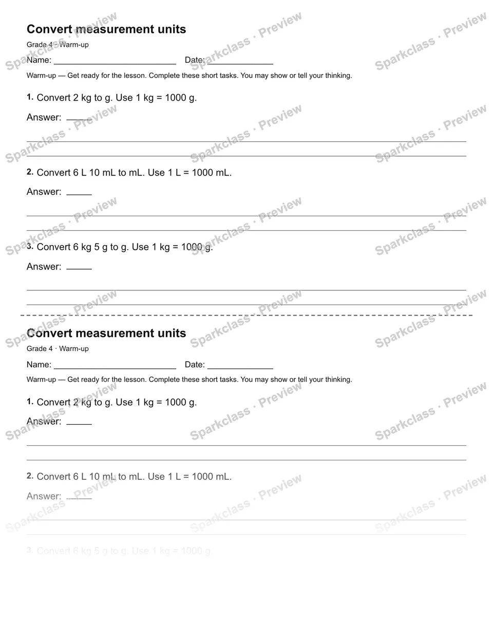 Convert measurement units — Warm-up — Grade 4 worksheet preview