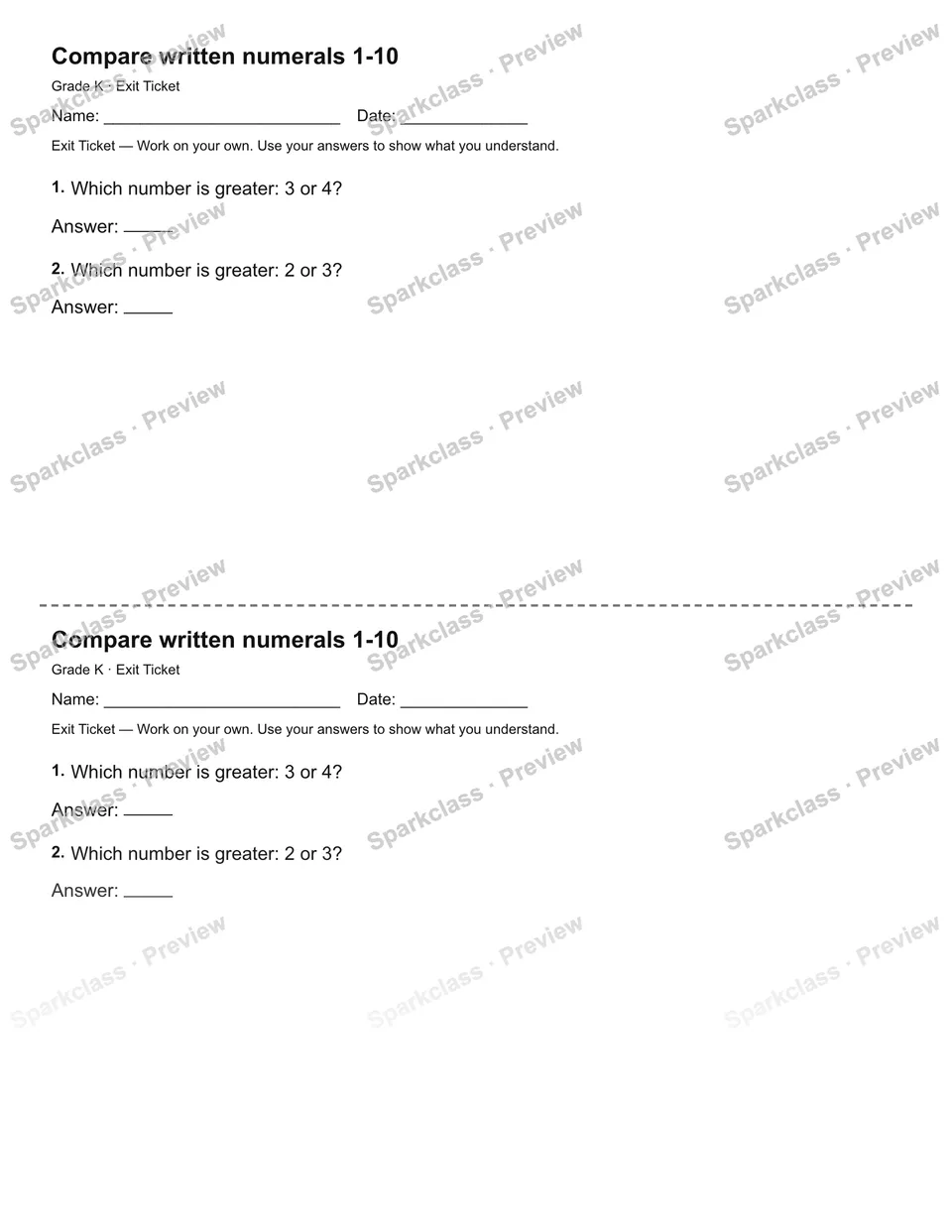 Compare written numerals 1-10 — Exit Ticket — Kindergarten worksheet preview