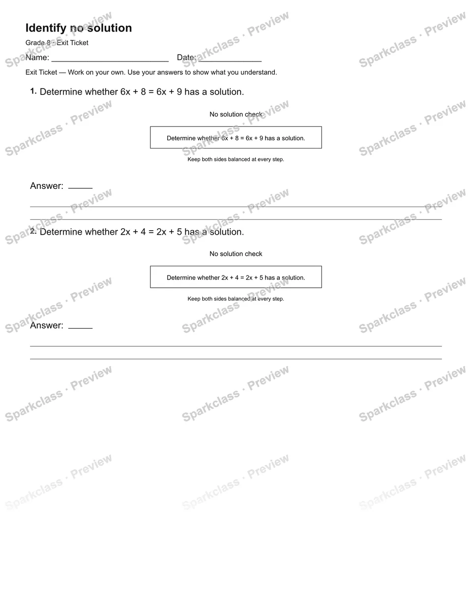 Identify no solution — Exit Ticket — Grade 8 worksheet preview