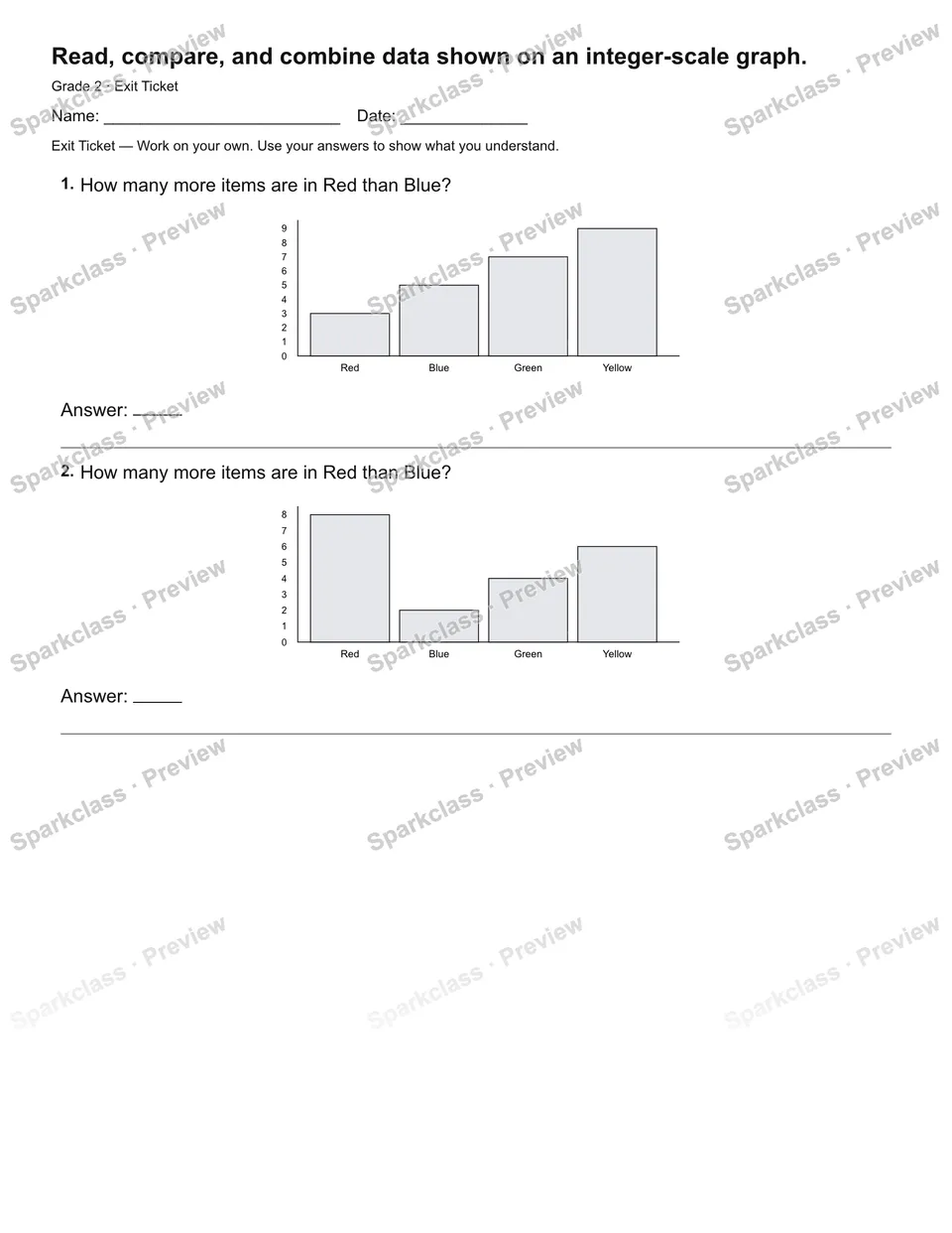 Read, compare, and combine data shown on an integer-scale graph. — Exit Ticket — Grade 2 worksheet preview