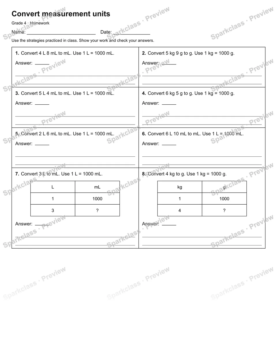 Convert measurement units — Homework — Grade 4 worksheet preview
