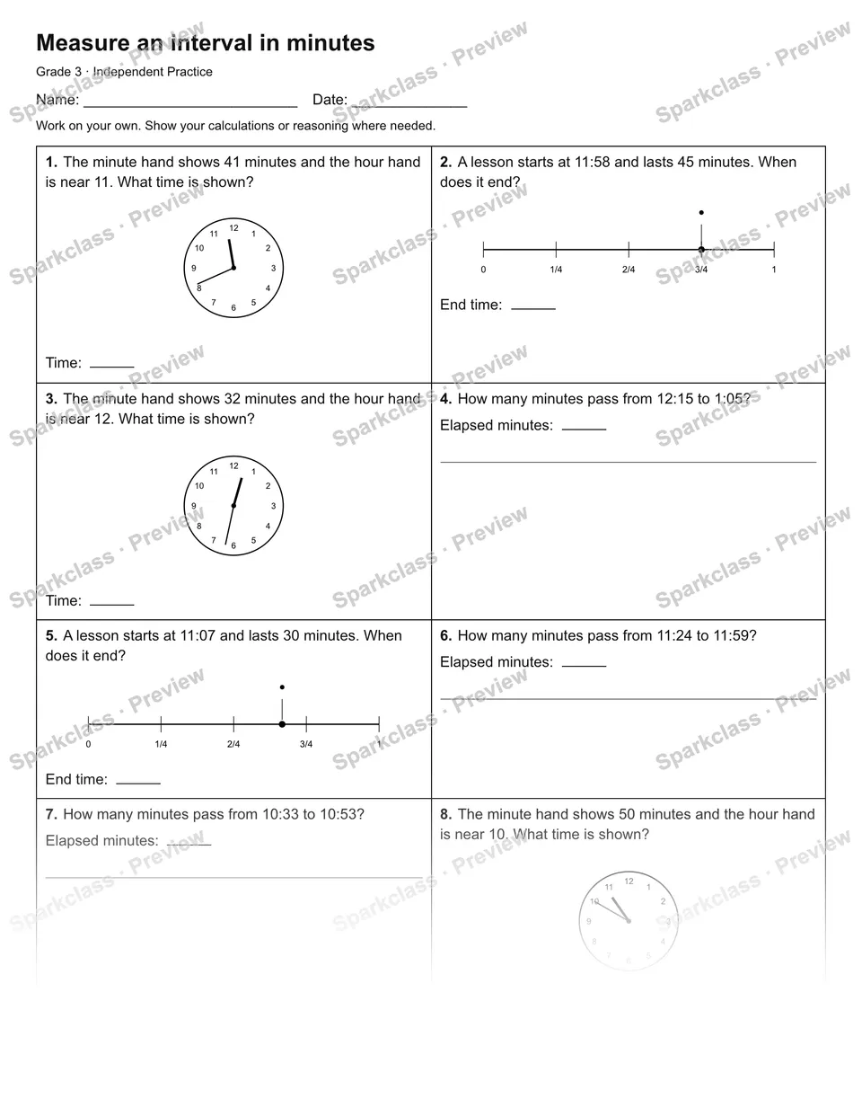 Measure an interval in minutes — Independent Practice — Grade 3 worksheet preview