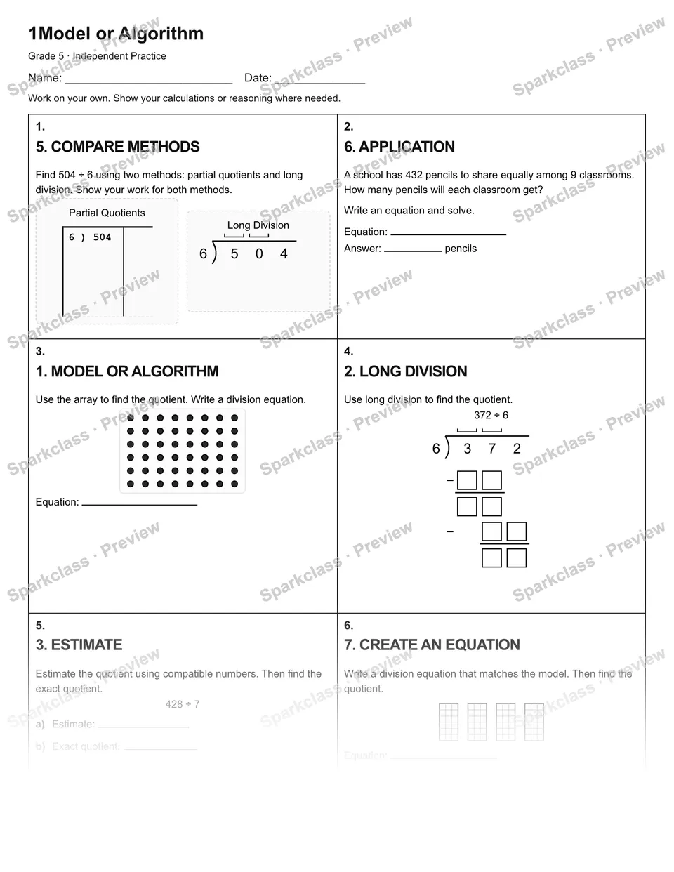 1Model or Algorithm — Independent Practice — Grade 5 worksheet preview