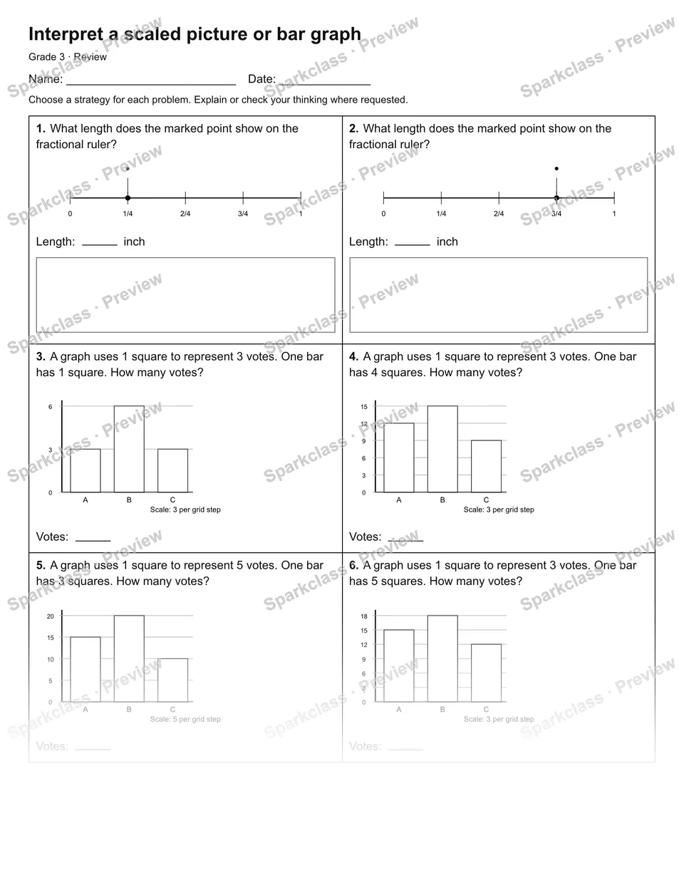 Interpret a scaled picture or bar graph — Review — Grade 3 worksheet preview