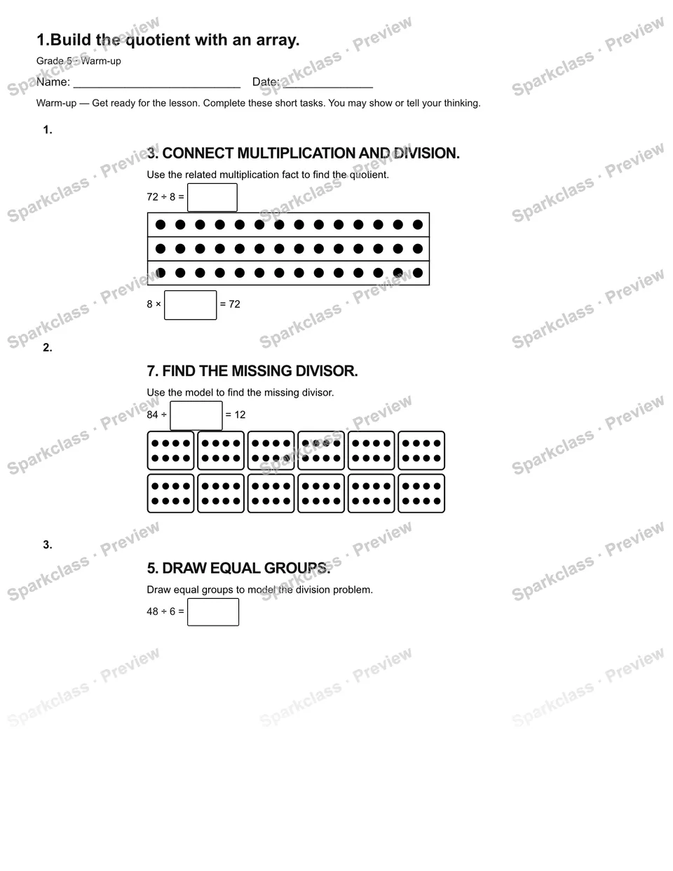 1.Build the quotient with an array. — Warm-up — Grade 5 worksheet preview