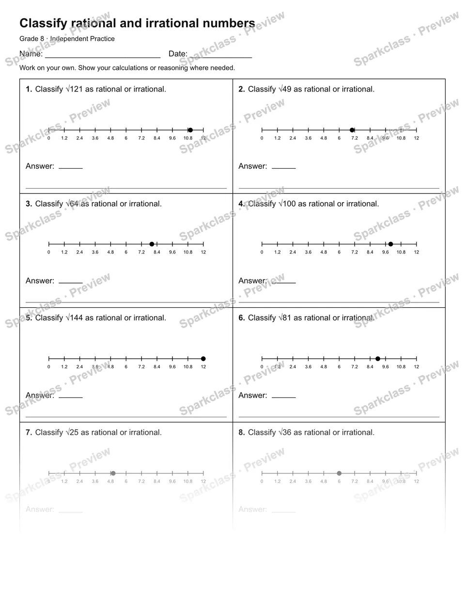 Classify rational and irrational numbers — Independent Practice — Grade 8 worksheet preview