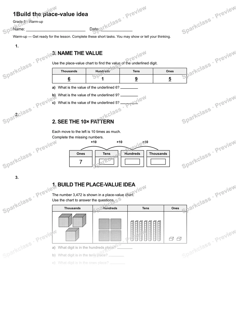 1Build the place-value idea — Warm-up — Grade 5 worksheet preview