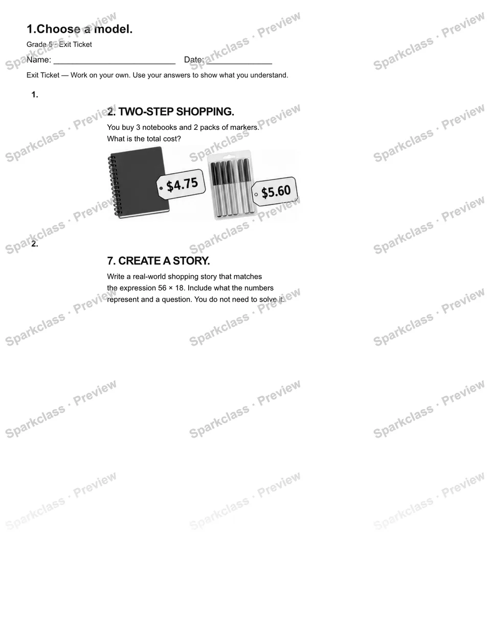 1.Choose a model. — Exit Ticket — Grade 5 worksheet preview